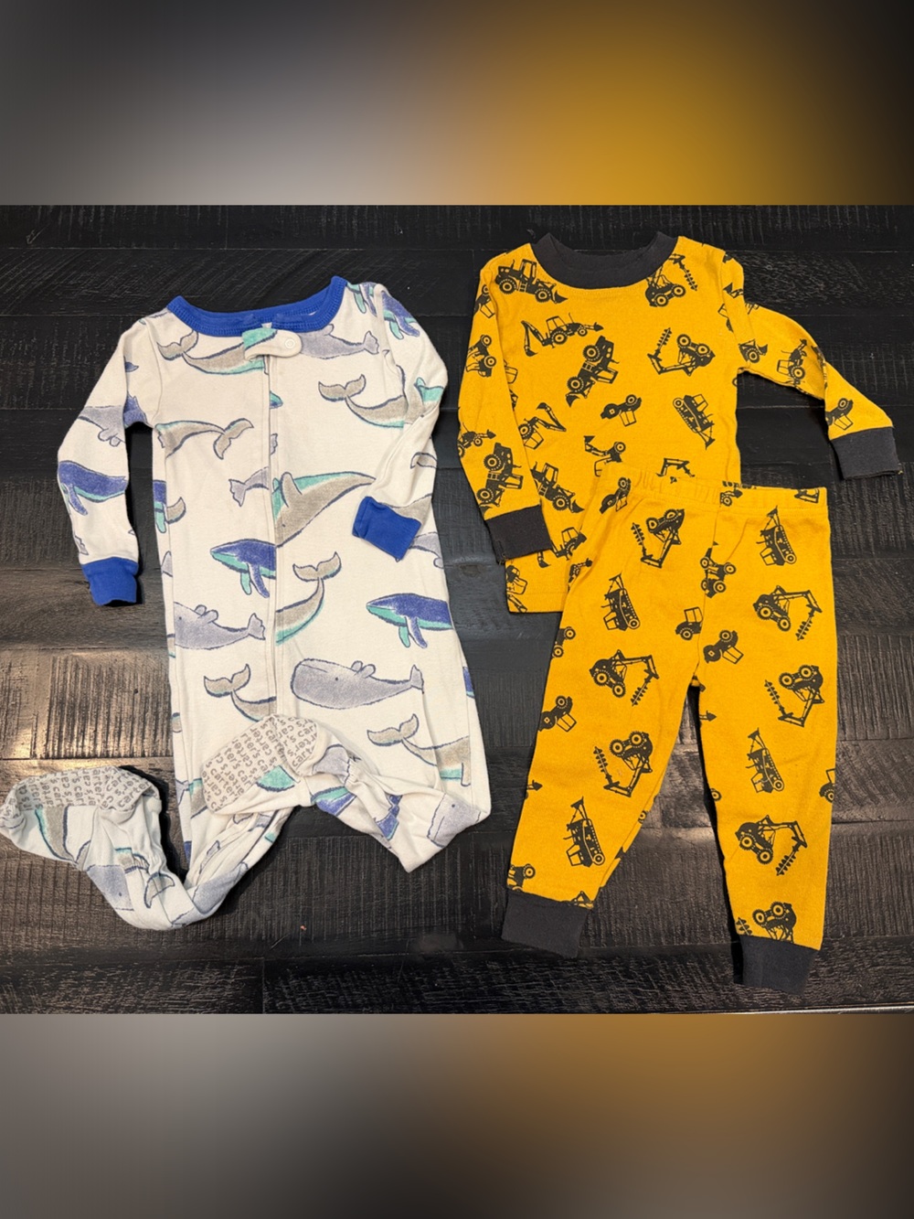 Whale Print White & Blue Sleep Romper and Yellow Construction Pajamas